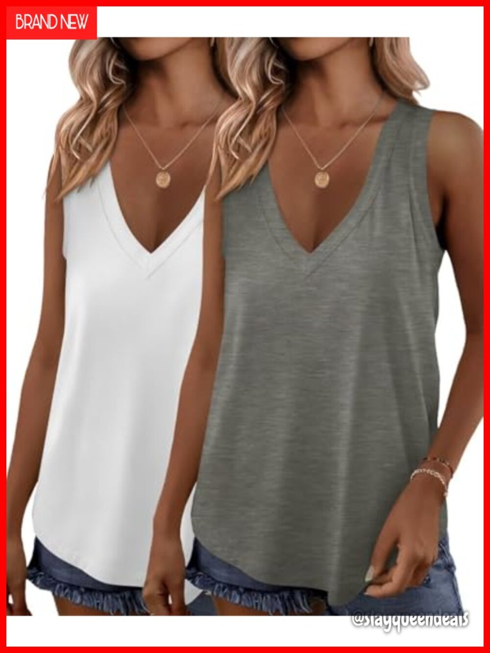 2 Pack Womens Tank Tops V Neck Sleeveless Loose Fit Flowy Summer Tops